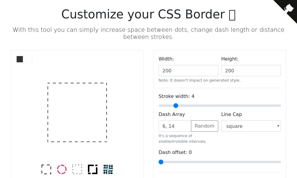 Screenshot of Dashed/Dotted Border CSS Generator