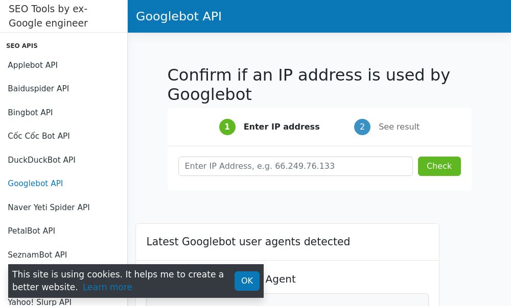 Screenshot of Googlebot API