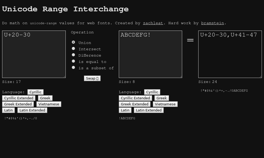 Screenshot of Unicode Range Interchange